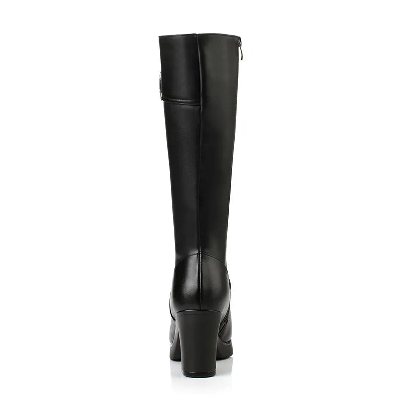 New Winter with Genuine Leather Boots for Women 
High Heeled Mid Calf Women Long Boots