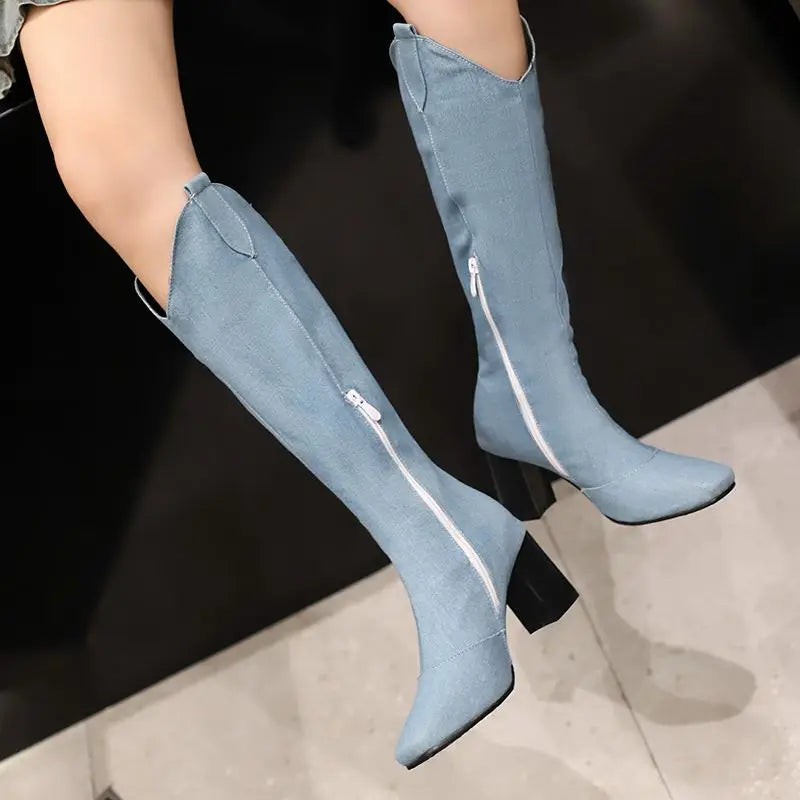 Denim Western style Knee High Boots with Square Toe, Block Heels 7cm, Zipper 
Cowboy Casual Female Booties