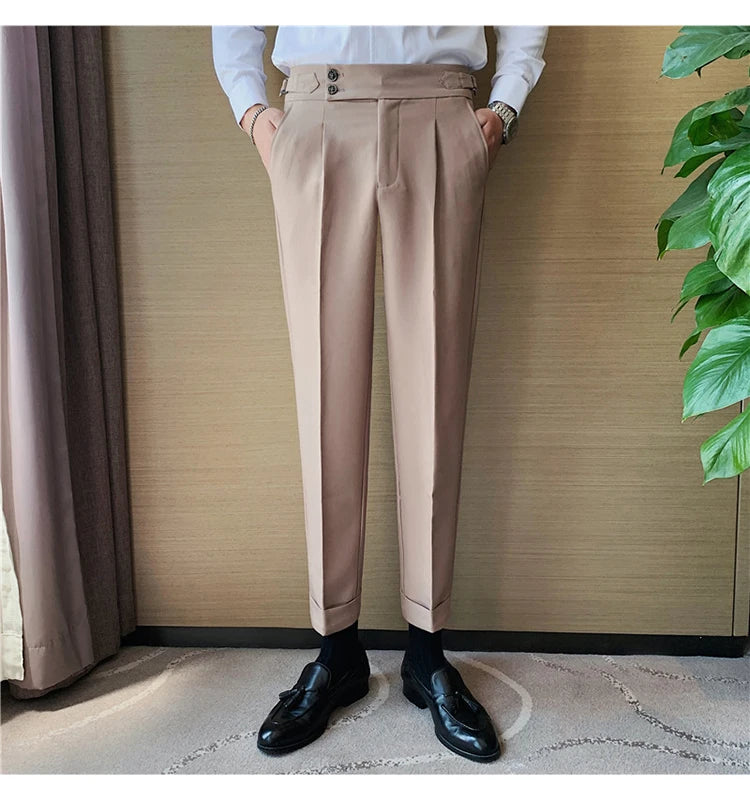 Men Dress Suit Pants, Striped Plaid British Style, High Waist Casual Belt Design 
Slim Trousers, Formal, Office, Social, Wedding, Party