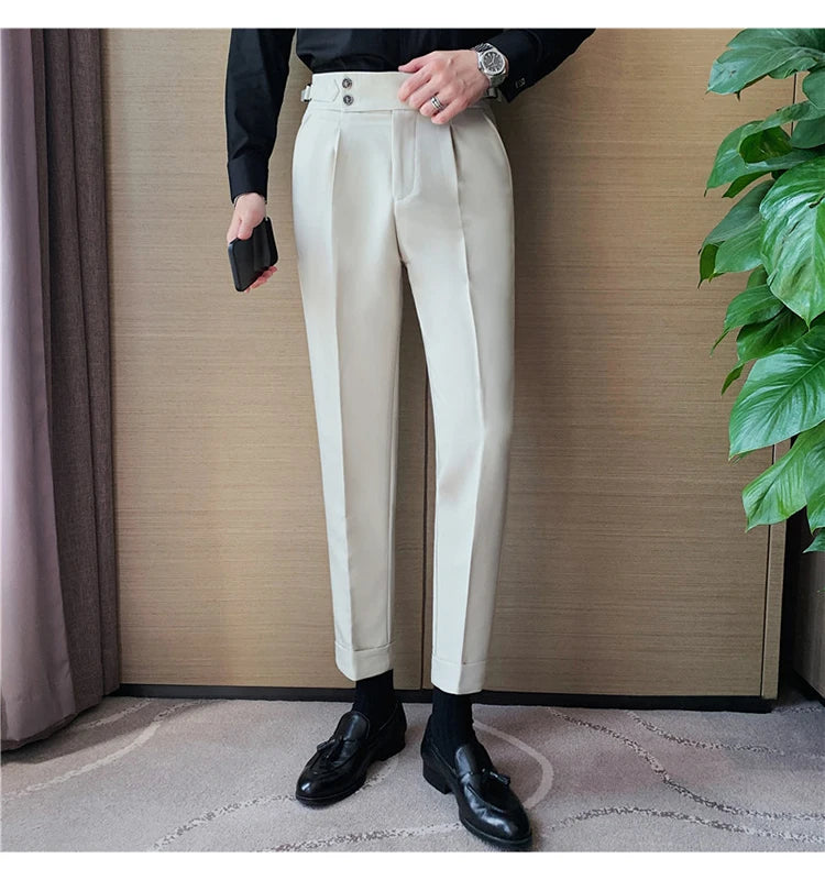 Men Dress Suit Pants, Striped Plaid British Style, High Waist Casual Belt Design 
Slim Trousers, Formal, Office, Social, Wedding, Party