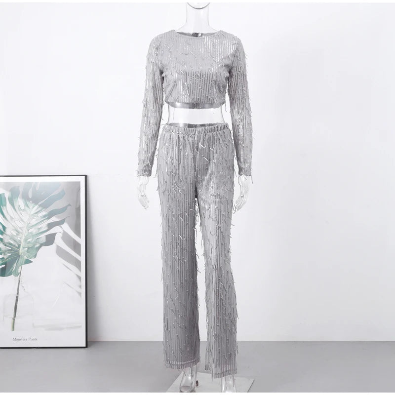 2 Piece Set Spring Silver Bright Silk O-neck Crop Tops with Wide Leg Pant