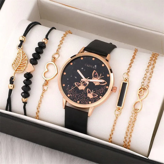 6pcs Set Watches Ladies Fashion Butterfly
New Simple Casual Woman's Analog Wrist Watch, Bracelet Gift No Box