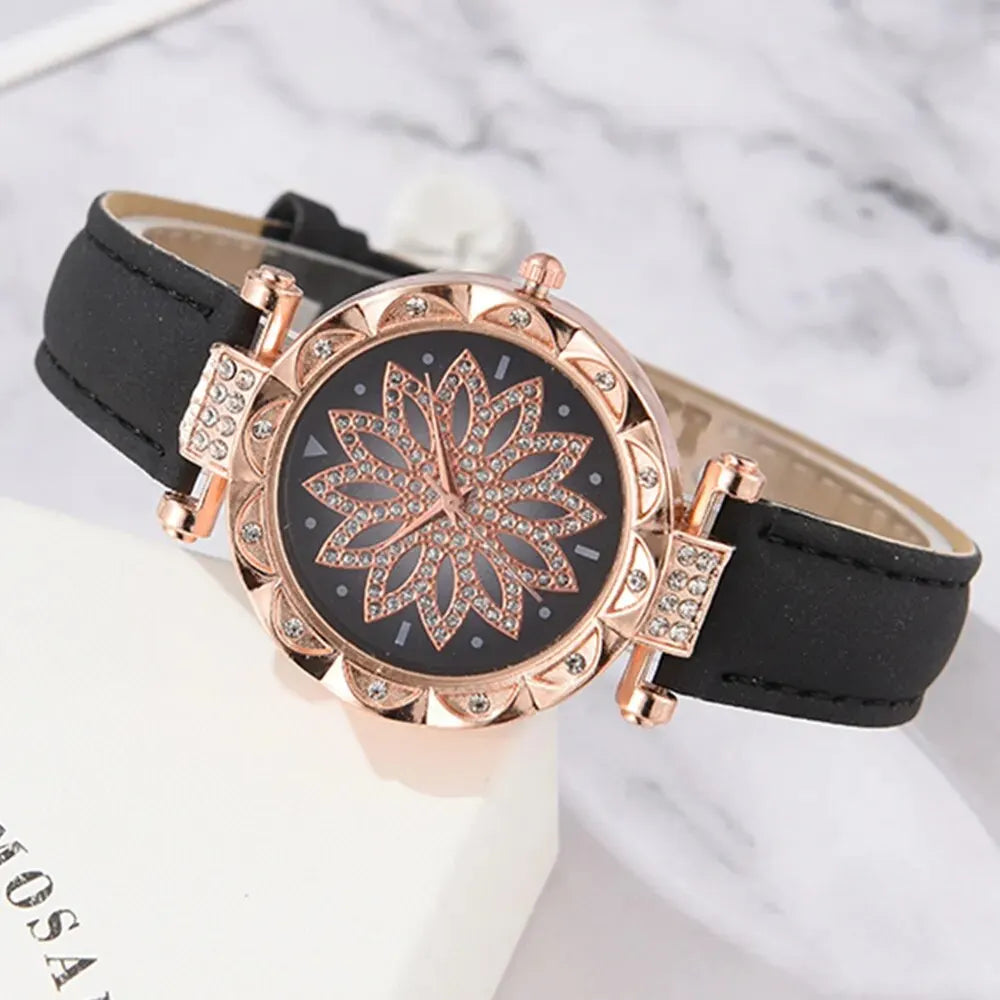 Set Women Luxury Leather Analog Ladies Quartz Wrist Watch Fashion Bracelet Watch 5PCS