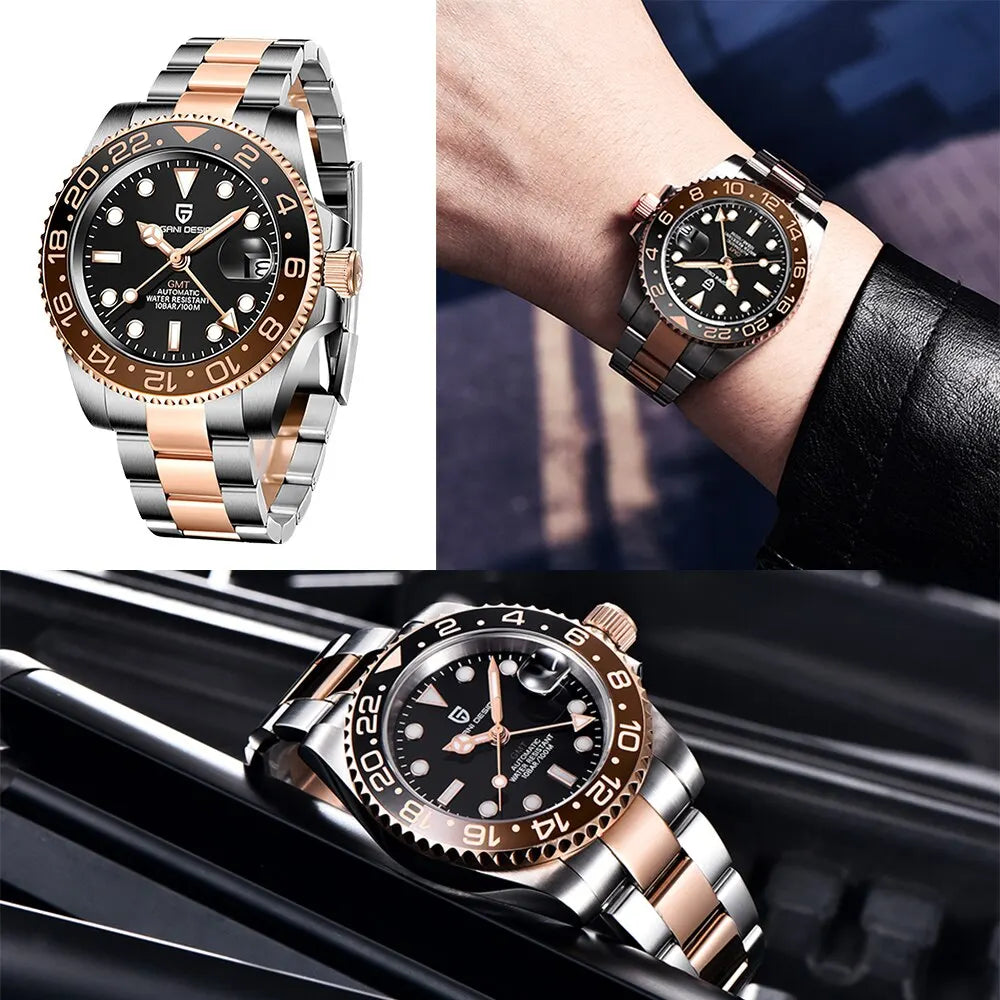 Luxury GMT Men Mechanical Wristwatch with Sapphire Glass, Stainless Steel, 100M Waterproof Automatic Watches