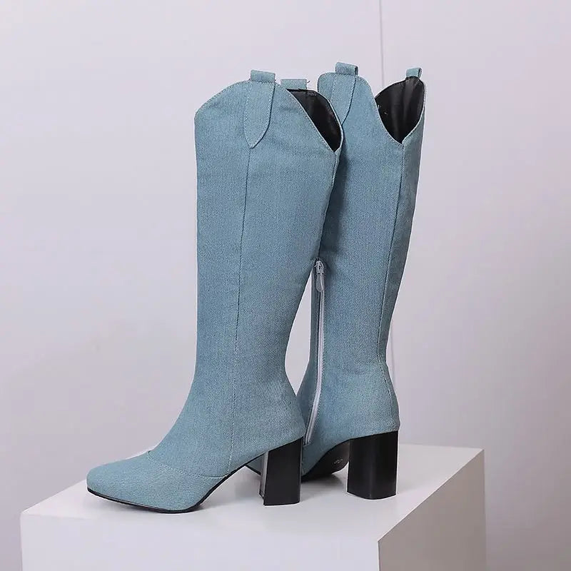 Denim Western style Knee High Boots with Square Toe, Block Heels 7cm, Zipper 
Cowboy Casual Female Booties