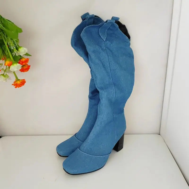 Denim Western style Knee High Boots with Square Toe, Block Heels 7cm, Zipper 
Cowboy Casual Female Booties