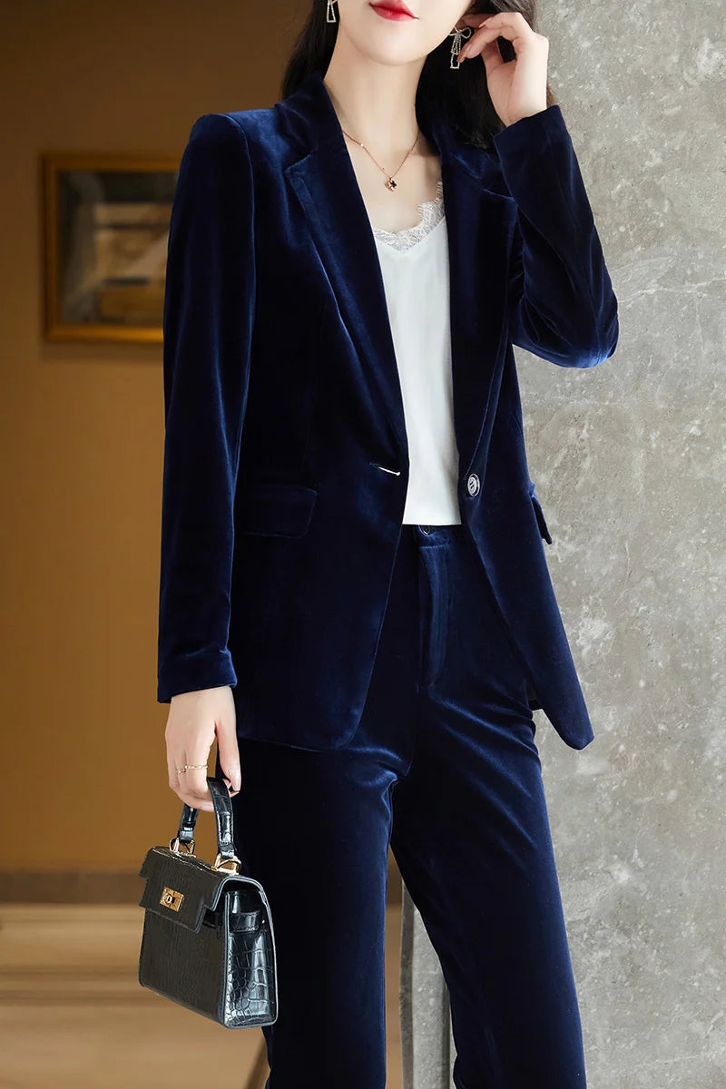 High Quality Fabric Velvet Formal Women Business Suits 
OL Styles Professional Pantsuits