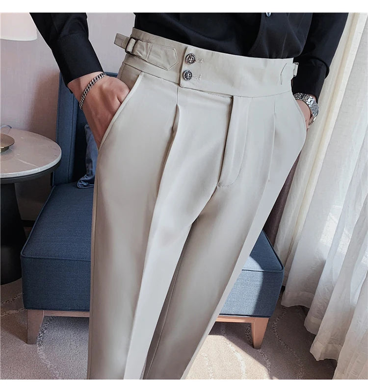 Men Dress Suit Pants, Striped Plaid British Style, High Waist Casual Belt Design 
Slim Trousers, Formal, Office, Social, Wedding, Party