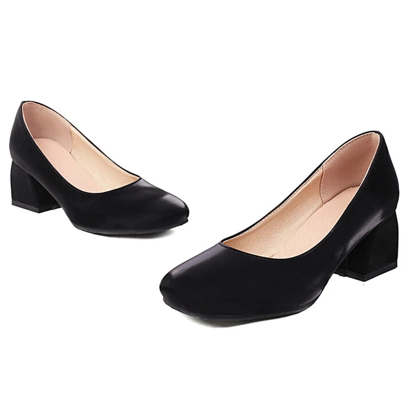 Women Pumps Square Toe Thick Heels Slip On