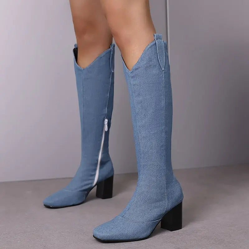 Denim Western style Knee High Boots with Square Toe, Block Heels 7cm, Zipper 
Cowboy Casual Female Booties