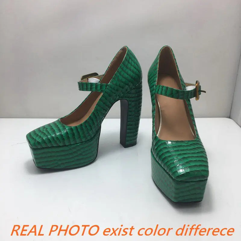 Female Pumps Square Toe Block Heel 13.5cm Platform 5cm