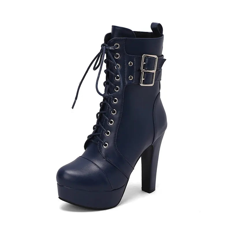 Women Boots with Round Toe, Chunky High Heels 12cm, Platform, 2.5cm Zipper
 Lace Up Belt Buckles