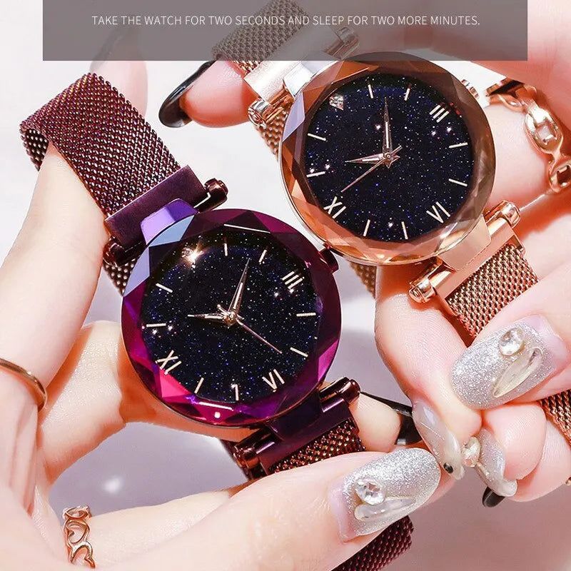 Starry Sky Watches 
Magnet Buckle Mesh Belt Diamond Quartz Watch