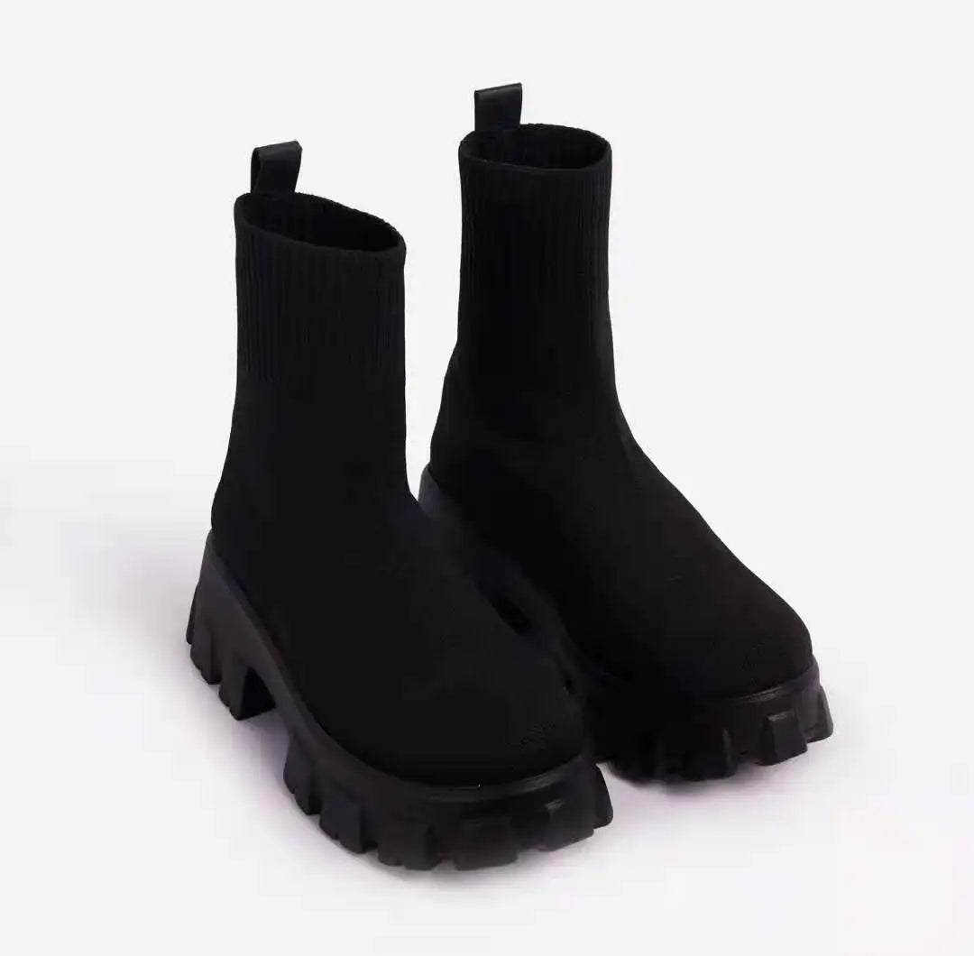 Autumn New Socks Woman Shoes,  Stretch Fabric Mid-Calf Casual Platform Boots