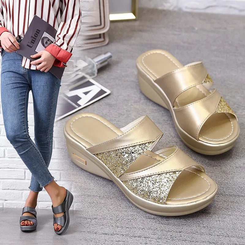 Summer Slippers Ladies Glitter PU Wedges Shoes