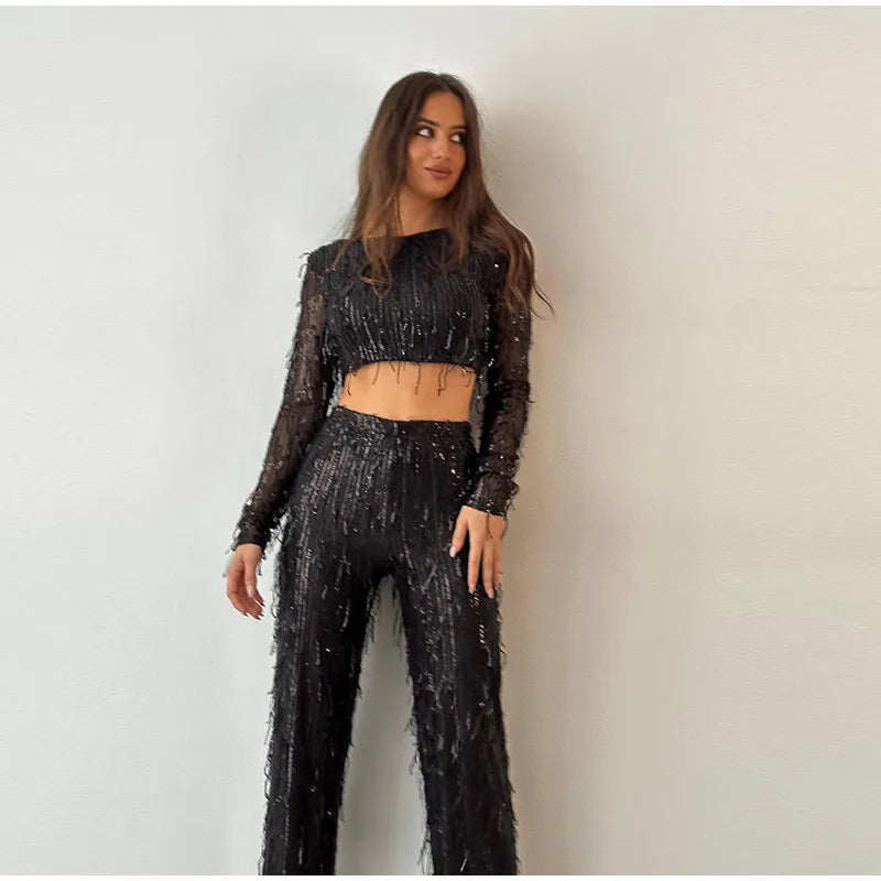 2 Piece Set Spring Silver Bright Silk O-neck Crop Tops with Wide Leg Pant