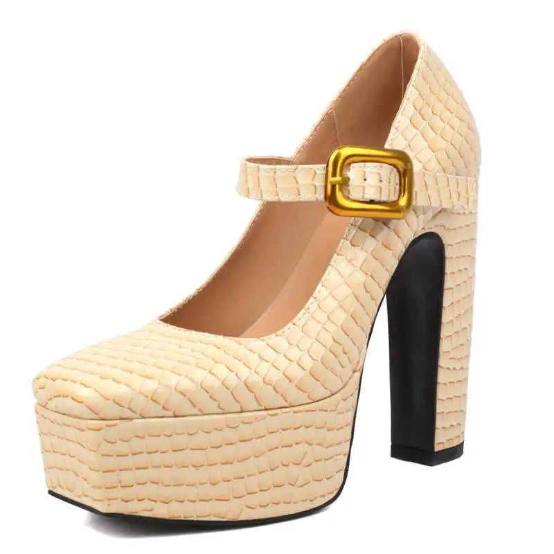 Female Pumps Square Toe Block Heel 13.5cm Platform 5cm