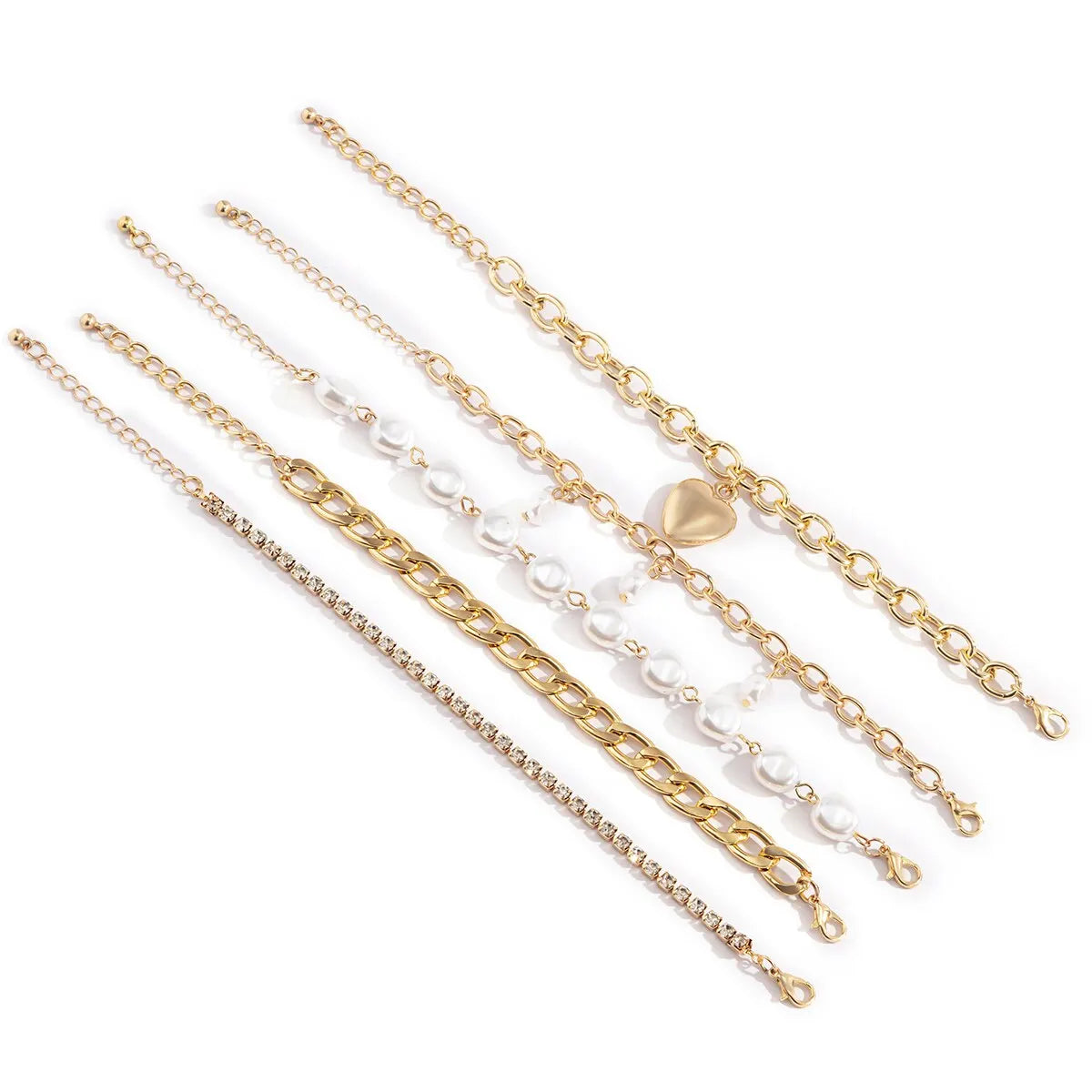 5 Pcs/Set Vintage Heart Pendant with Imitation-Pearl 
Cuban Chain Bracelet