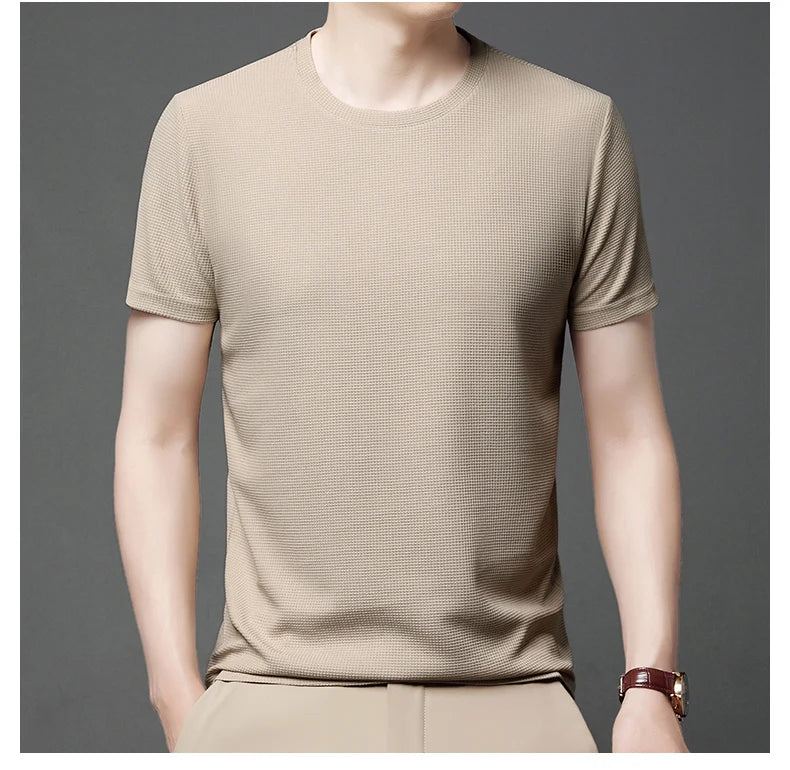 New Summer Waffle Round Neck Short Sleeved T-shirt for Men's