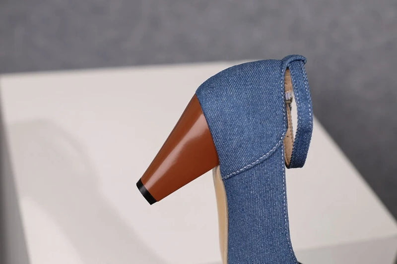 Women Pumps Pointed Toe, 7.5cm Spike Heel, Denim Fabric, Office Ankle Strap