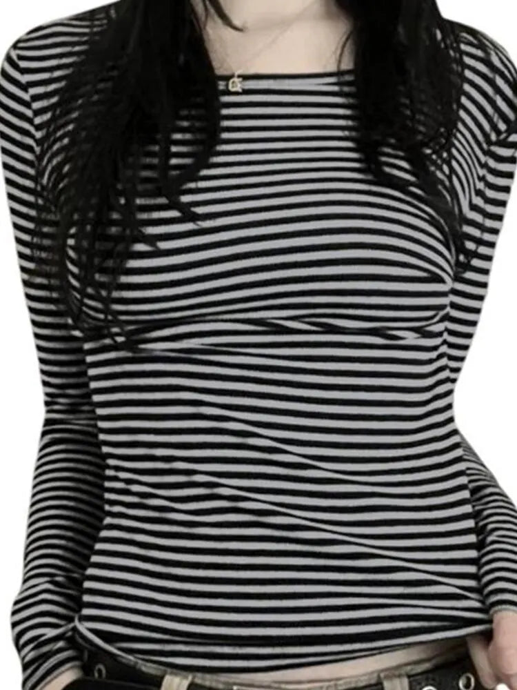 Women T-shirt Long Sleeve, Crew Neck 
Striped Fall Slim Fit Ladies Casual Tops