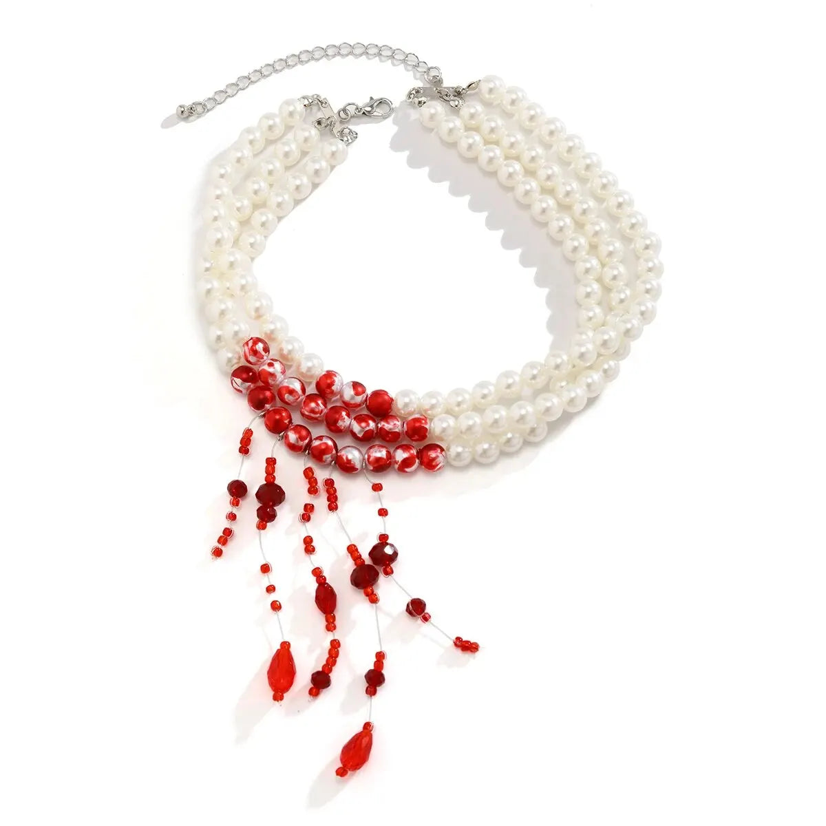 Multilayer Vintage Red Blood Pattern with Imitation Pearl Tassel Pendant Necklace