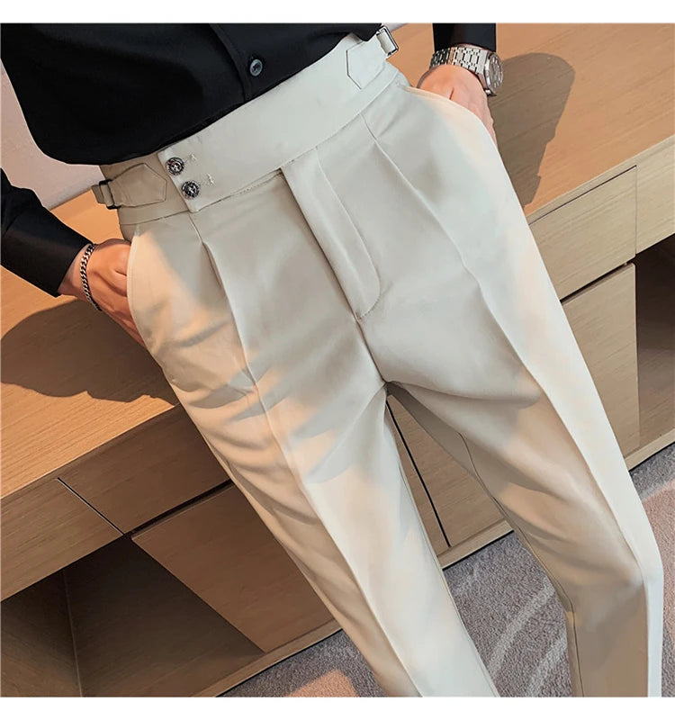 Men Dress Suit Pants, Striped Plaid British Style, High Waist Casual Belt Design 
Slim Trousers, Formal, Office, Social, Wedding, Party