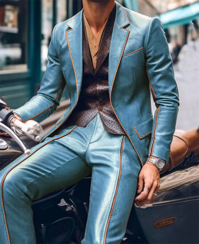 Men Suit Slim Fit Blazer & Pants 2 Pcs Set Contrast Trim Notch Lapel
PU Leather Jacket Male Business Casual Prom Suit Moto style