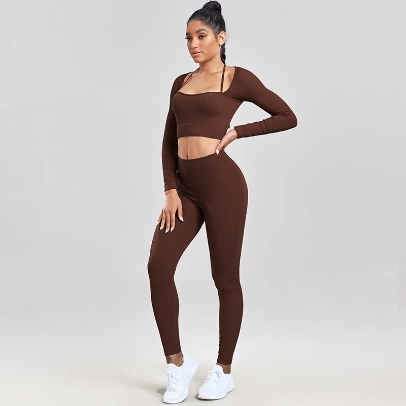 Ribbed Gym Set for Women 
Knitted Yoga Set for ladies with High Waist, Raises Butt, Push Up Long Sleeve Suit