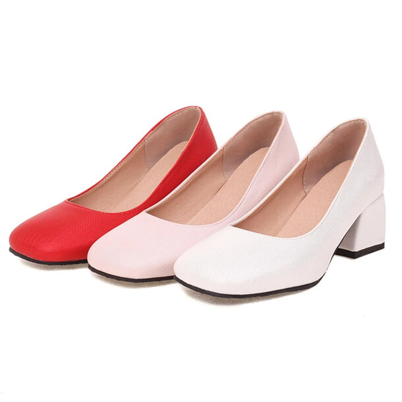 Women Pumps Square Toe Thick Heels Slip On