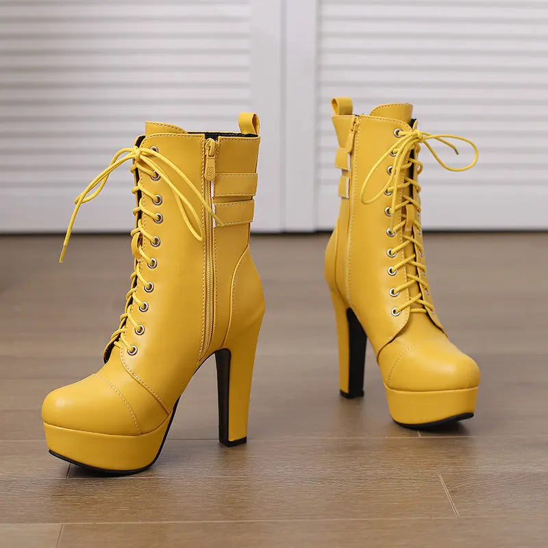 Women Boots with Round Toe, Chunky High Heels 12cm, Platform, 2.5cm Zipper
 Lace Up Belt Buckles