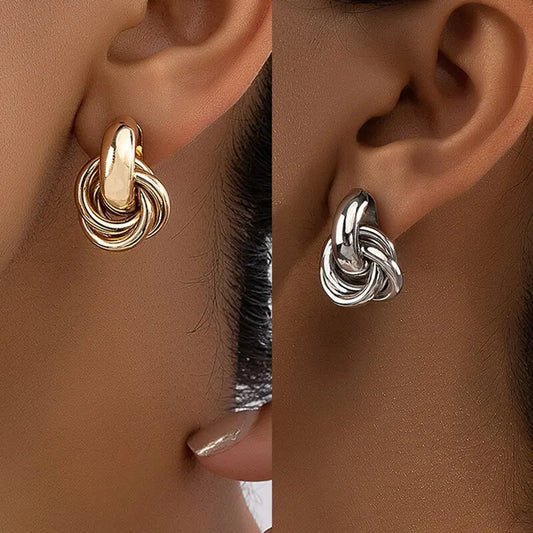 2 Pair Set Gold & Silver Color Knot Hoop Earring