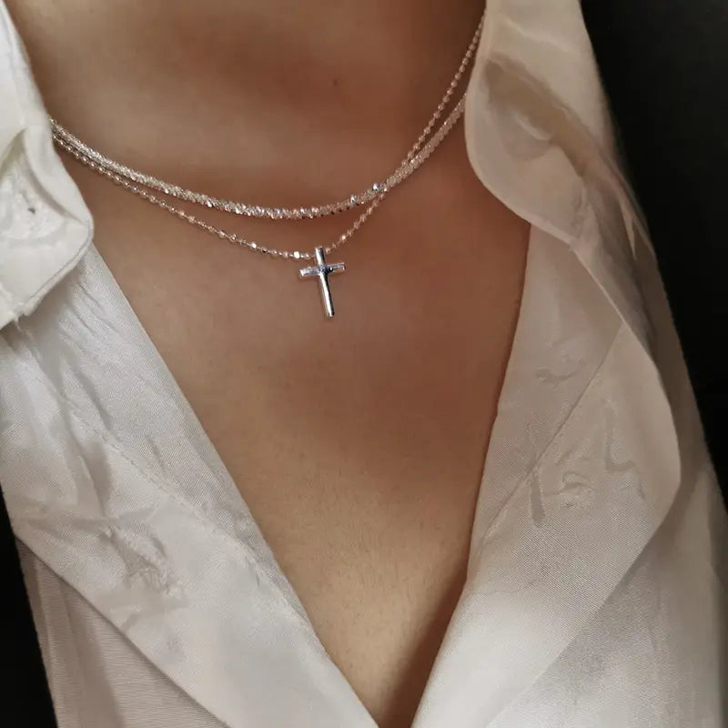 Popular Trendy Silver-Color Cross Sparkling Clavicle Chain Choker Necklace