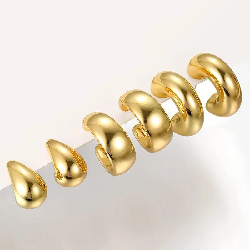 3 Pairs set Of Fashionable Simple Wide Glossy Metal Bean C- shaped Earrings