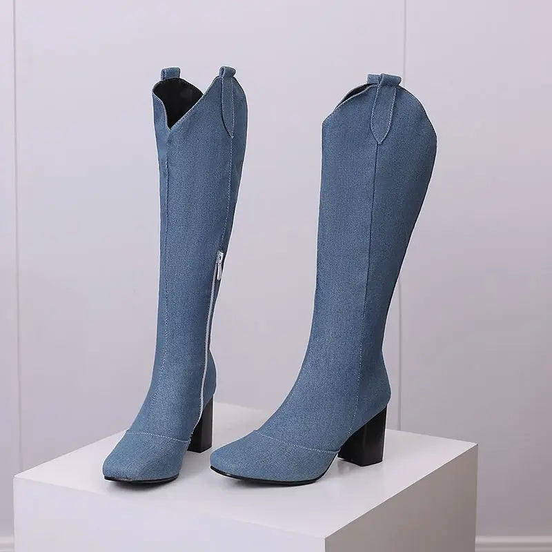 Denim Western style Knee High Boots with Square Toe, Block Heels 7cm, Zipper 
Cowboy Casual Female Booties