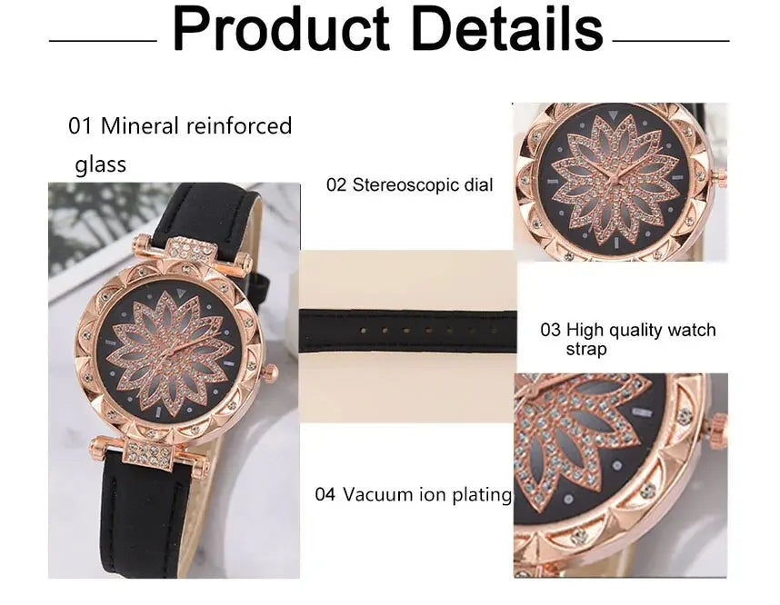 Set Women Luxury Leather Analog Ladies Quartz Wrist Watch Fashion Bracelet Watch 5PCS