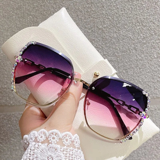 Rhinestone Decor Rimless Fashion Sunglasses For Women, UV400