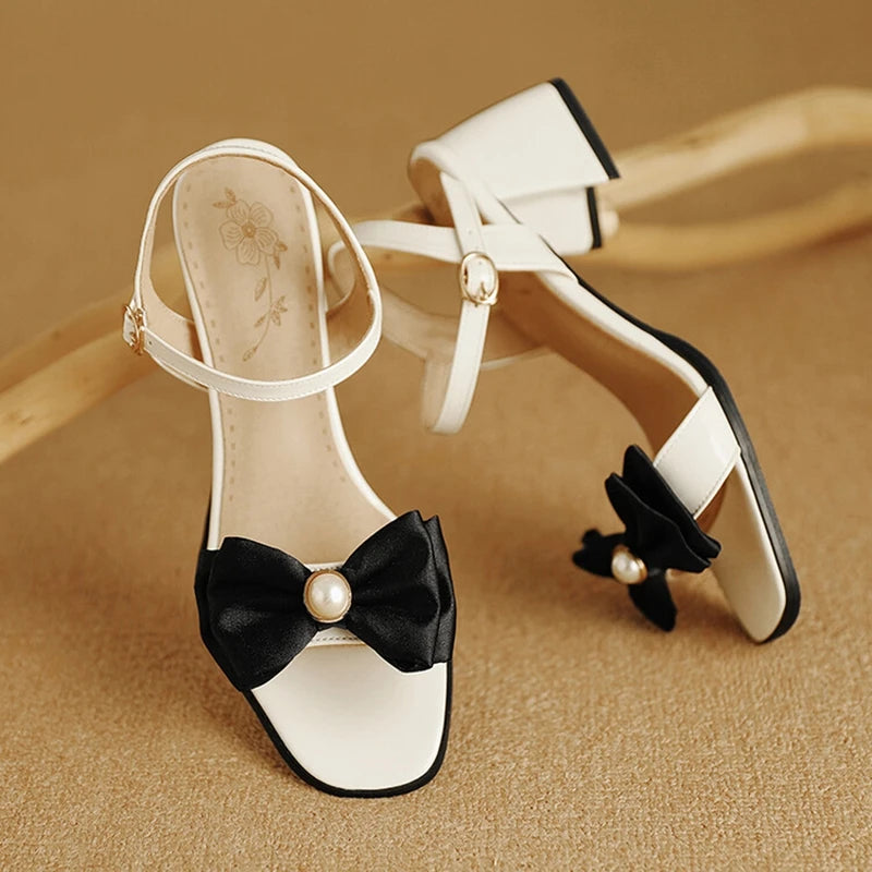 Peep Toe Round Women Sandals, Bow Pearl 5.5cm Thick Heel, Ankle Strap