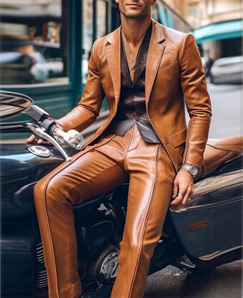 Men Suit Slim Fit Blazer & Pants 2 Pcs Set Contrast Trim Notch Lapel
PU Leather Jacket Male Business Casual Prom Suit Moto style