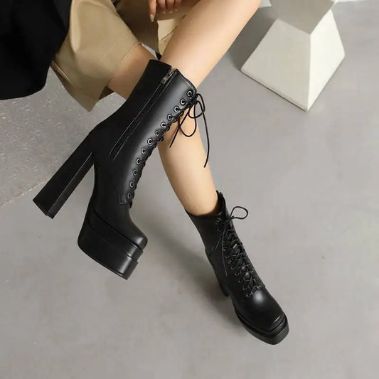 Ladies Mid Calf Boots 18cm with Square Toe, Block Heels 14cm
Double Platform 5cm, Zipper Lace Up Female Booties