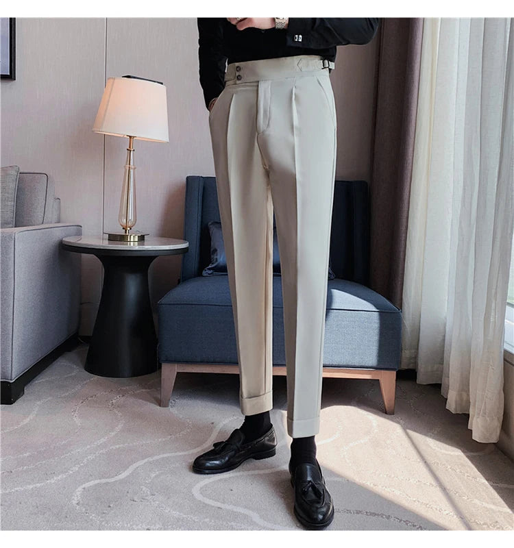 Men Dress Suit Pants, Striped Plaid British Style, High Waist Casual Belt Design 
Slim Trousers, Formal, Office, Social, Wedding, Party