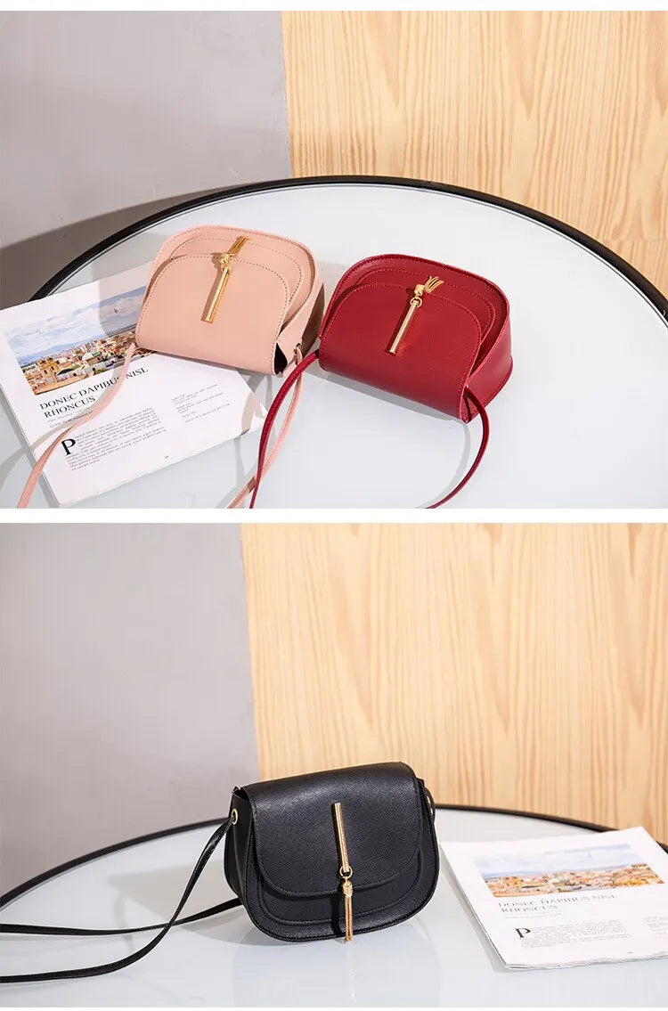 Golden Tassel Double Layer Semi Circle Solid Color One Shoulder Saddle Bag