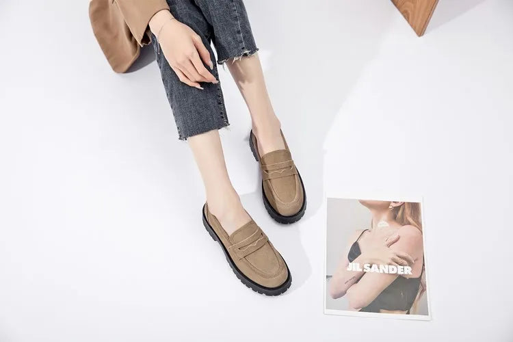 Spring Shoes for Female in British Style, Thick-soled, Casual, Genuine Leather