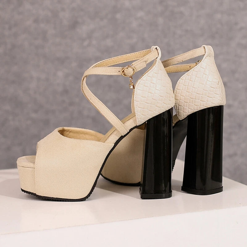 Elegant Open Toe Women Sandals 12cm Thick Block Heel 4cm Platform Buckles Cross Strap