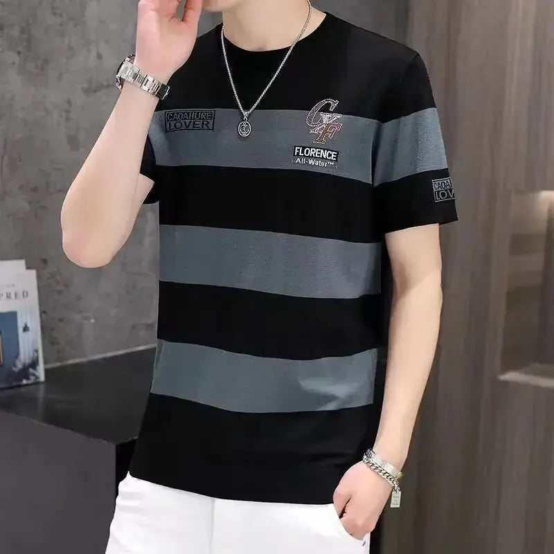 New Ultra-Thin Ice Silk Breathable Short Sleeve Summer Men Round Neck, Striped, Slim, Casual T-Shirt