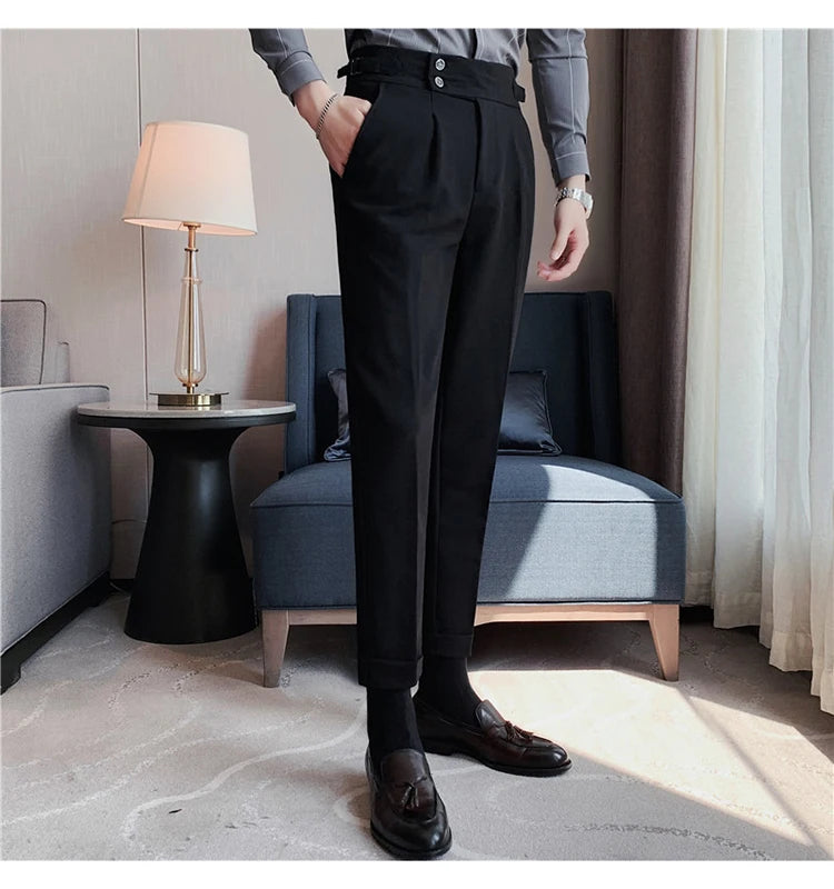 Men Dress Suit Pants, Striped Plaid British Style, High Waist Casual Belt Design 
Slim Trousers, Formal, Office, Social, Wedding, Party