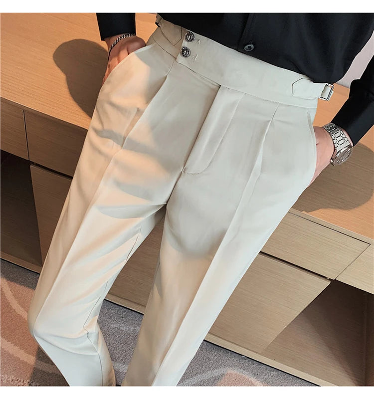 Men Dress Suit Pants, Striped Plaid British Style, High Waist Casual Belt Design 
Slim Trousers, Formal, Office, Social, Wedding, Party