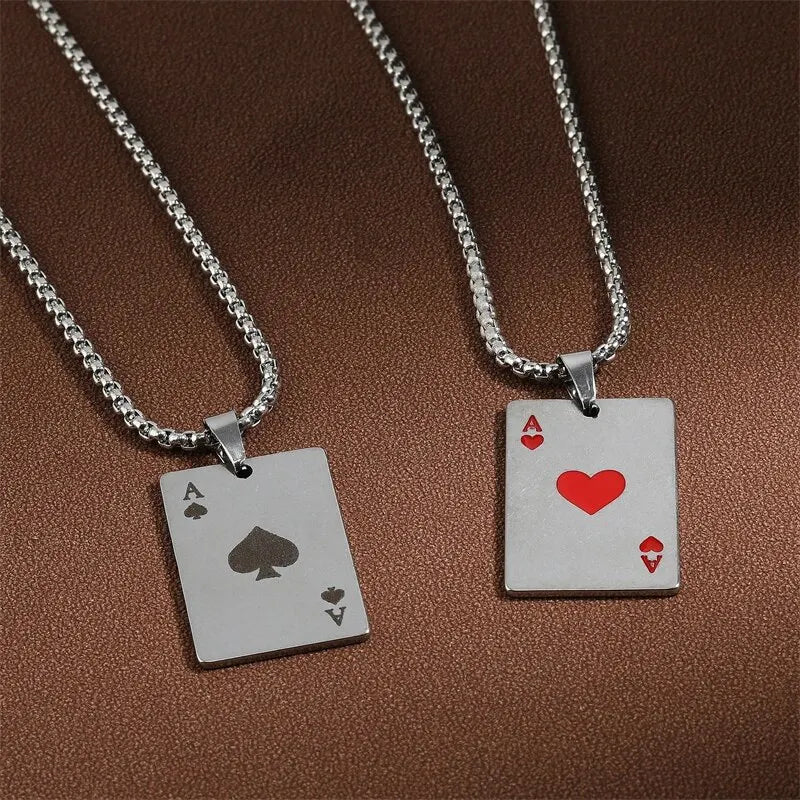 2 Piece Set Hip Hop Statement Stainless Steel Poker 
Card style Ace of Spades Necklace For Women & Men 
Pendant Chain Playing Cards Jewelry