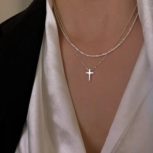 Popular Trendy Silver-Color Cross Sparkling Clavicle Chain Choker Necklace