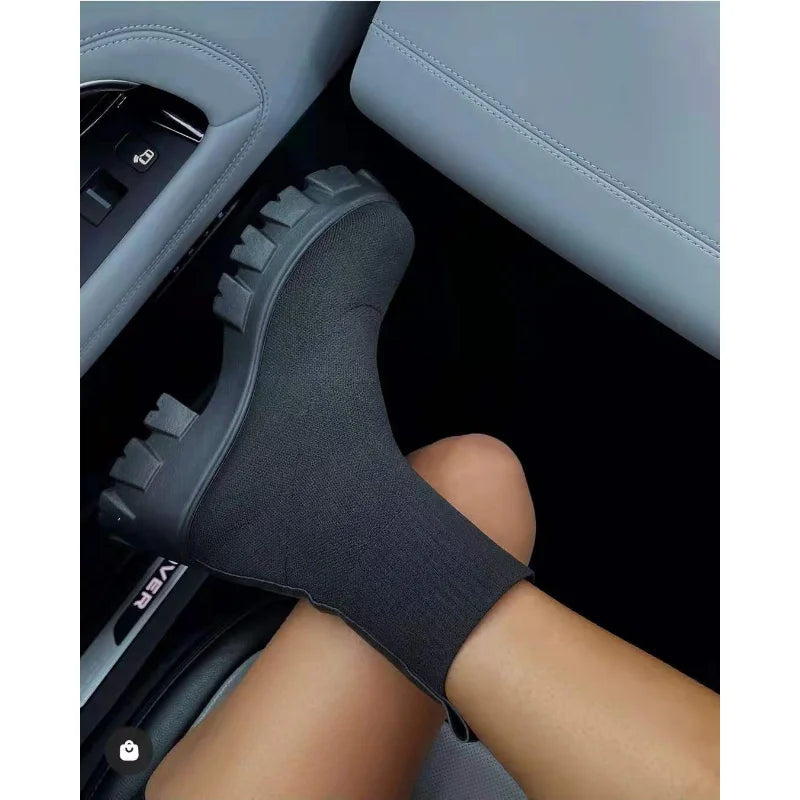 Autumn New Socks Woman Shoes,  Stretch Fabric Mid-Calf Casual Platform Boots